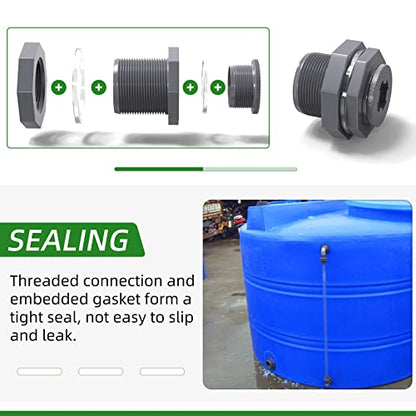 2PCS Black PVC 1'' Bulkhead Tank Connector Adapter Fitting with Plugs & Gasket for Water Tank, Rain barrels, Aquariums, Bathtubs and Sink