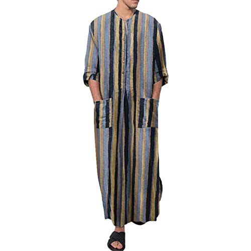 Mens Muslim Thobe Saudi Arabic Islamic Middle East Long Gown Dress Long Sleeve Crew Neck Clothing Ramadan Jubbah - color: #0a-blue, size: 4X-Large