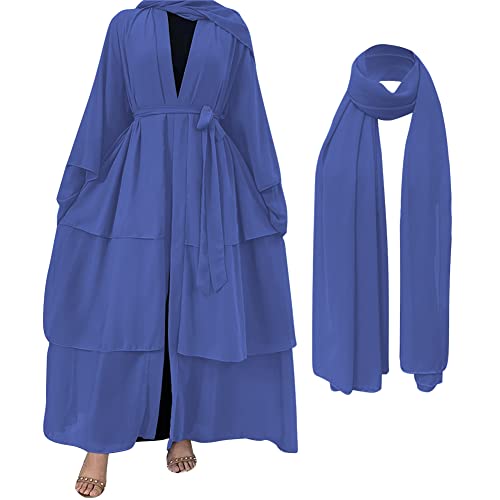 Muslim Chiffon Abaya for Women Open Front Cardigan Modest Dress with Hijab Scarf Middle East Arabian Robe Islamic Long Dress - color: Blue, size: Small