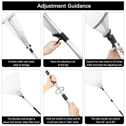 Buyplus Adjustable Garden Leaf Rake - 24 to 63 Inch Telescopic Metal Expandable Folding Leaves Rake, Metal Rake for Leaves, Yard Rakes for Lawn Yard, Flowers Beds, Black - color: Black