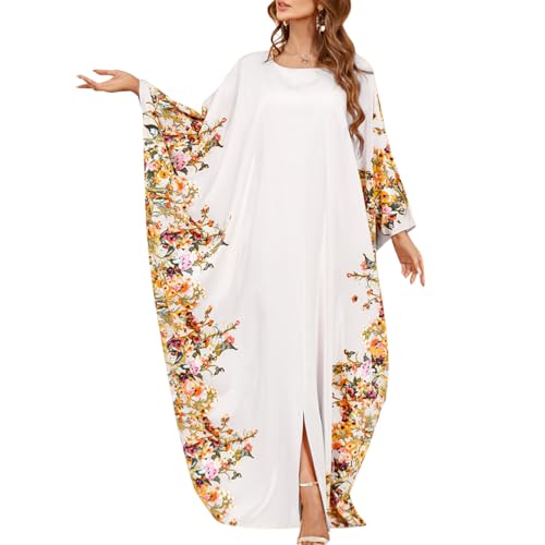 ODIZLI Ramadan Abaya for Women Muslim Batwing Sleeve Floral Print Prayer Dress Dubai Turkey Kaftan - color: White
