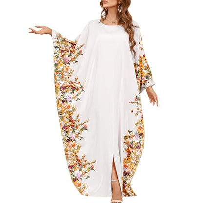 ODIZLI Ramadan Abaya for Women Muslim Batwing Sleeve Floral Print Prayer Dress Dubai Turkey Kaftan - color: White