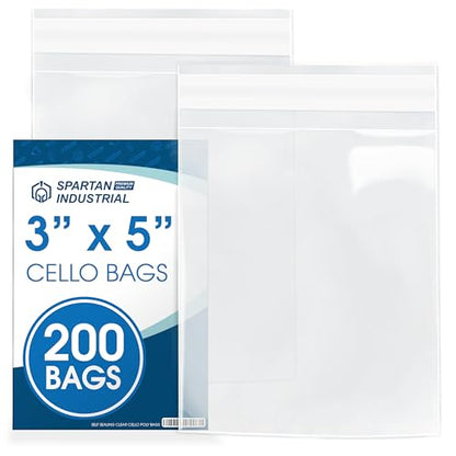 3x5 Self-Sealing Cellophane Bags (200 Count) Clear Cookie Bags With Seal | for Decorated Cookies, Macarons, Small Candy, Treats - Resealable Adhesive Flap, Reinforced Sides - Spartan Industrial - size: 3" X 5"