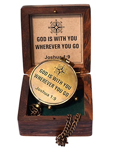Be Strong and Courageous (Joshua 1:9) Brass Compass with wooden Box-Engraved Scripture Prayer Compass Religious Gift for Men & Women - Baptism, Confirmation, Communion Compass for Boys Graduation Gift - style: #4 God Compass (Joshua 1:9)