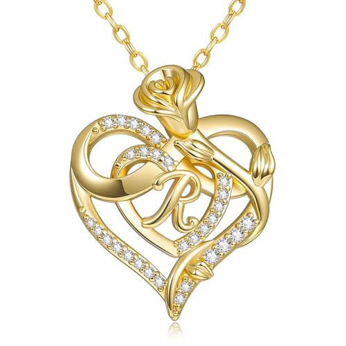 14k Gold Plated Heart Initial Necklaces for Women - style: Letter R