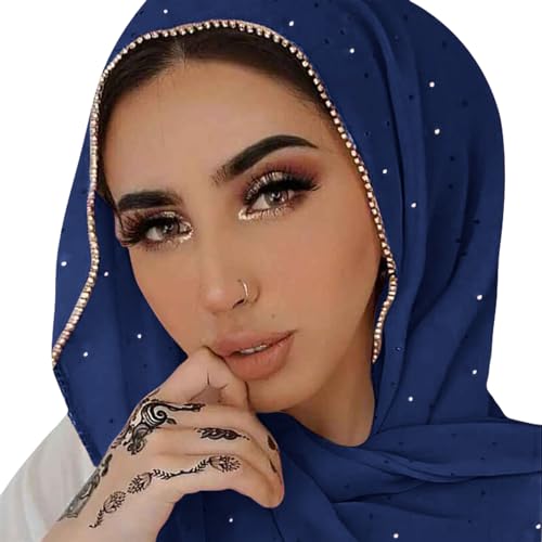 Hijab Scarf for Women Soft Chiffon Rhinestone Long Scarf Shawl Fashion Muslim Hijab Head Wrap Scarves - color: Navy