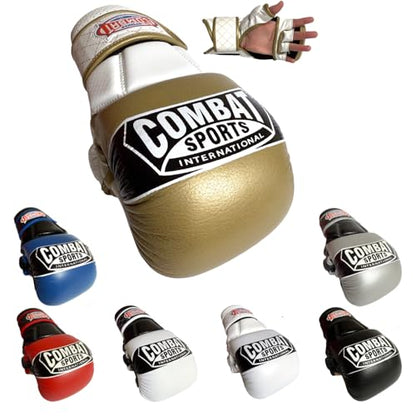 Combat Sports Max Strike MMA Training Gloves, Open Palm Fingerless Gloves for MMA, Muay Thai, and Kickboxing (Gold/White, Large)
