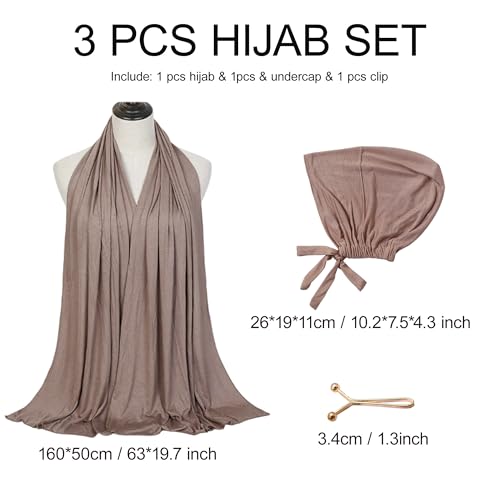 Hijab Scarf for Women, 3PCS Set with Undercap and Hijab Clip Lightweight Modal Muslim Head Wrap Scarf for Daily - color: Sy15-khika Hijab+khika Undercap