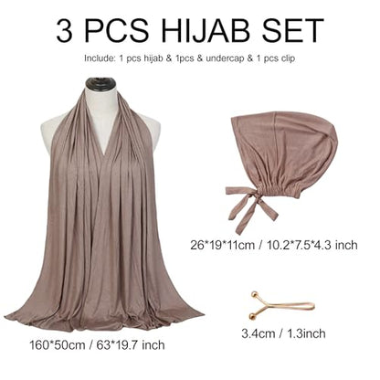 Hijab Scarf for Women, 3PCS Set with Undercap and Hijab Clip Lightweight Modal Muslim Head Wrap Scarf for Daily - color: Sy15-khika Hijab+khika Undercap