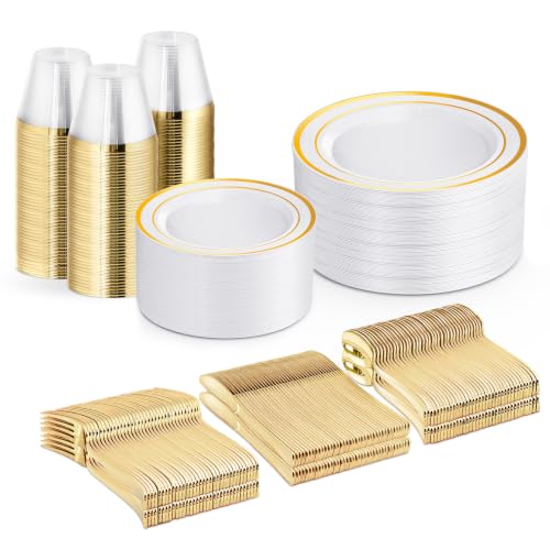 WELLIFE Gold Plastic Plates, 300 PCS Dinnerware Set for 50 Guests - color: Gold, size: 50 Guests