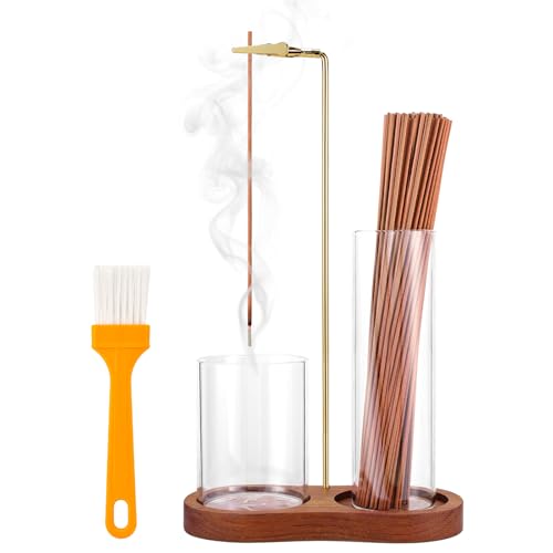 2 in 1 Incense Holder for Sticks with Glass Ash Catcher, Upside Down Anti-Ash Incense Stick Burner for Outdoor Patio, Modern Vertical Incense Holder for Home Decor, Spa, Meditation and Reddish Brown - color: Reddish Brown, size: 1 Pack-Round