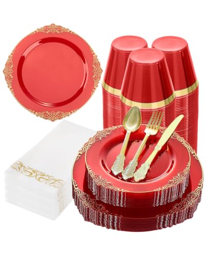 Bestluck 175PCS Clear Red Plastic Plates for 25 Guests - color: Red, size: 25 Guests