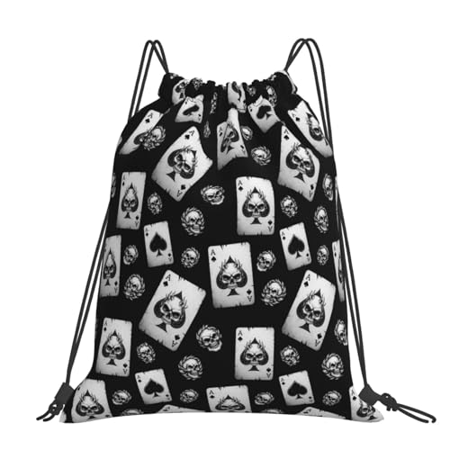 Unisex Polyester Gym Sack, Poker Skull Hearts Card Black, Drawstring Sackpack for Soccer Basketball Ball Storage - color: Pattern (358)
