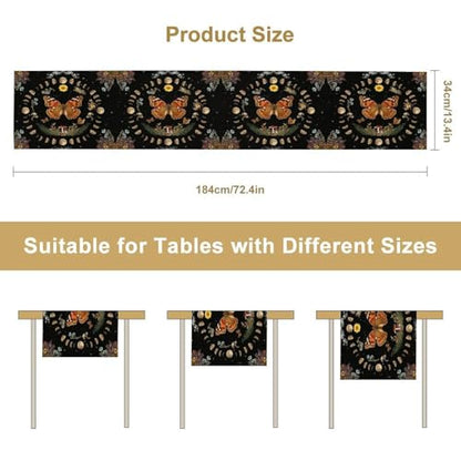Boho Moth Table Runner, Witchy Mysterious Moon Phase Garden Flower Plant Gothic Aesthetic Table Runner for Home Kitchen Dining Patio Holiday Party 13x36in - color: Moth-3, size: W13''xL36''