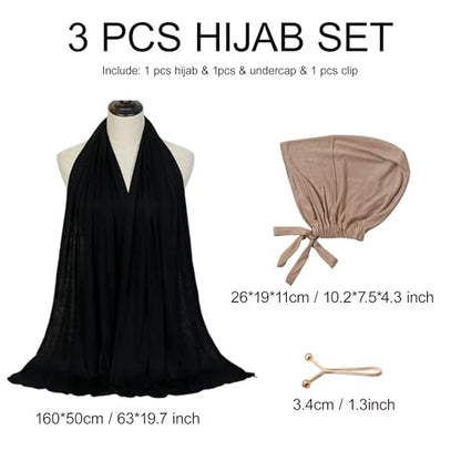 Hijab Scarf for Women, 3PCS Set with Undercap and Hijab Clip Lightweight Modal Muslim Head Wrap Scarf for Daily - color: Sy3-black Hijab+khika Undercap