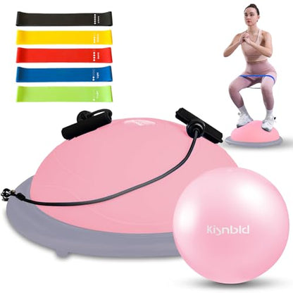 kisnbld Half Balance Ball Trainer, Inflatable 19/23 Inch Half Exercise Ball with Resistance Bands and Pilates Ball, Non-Slip 660lbs Capacity Yoga Ball for Home Gym Full Body Workouts - color: Pink