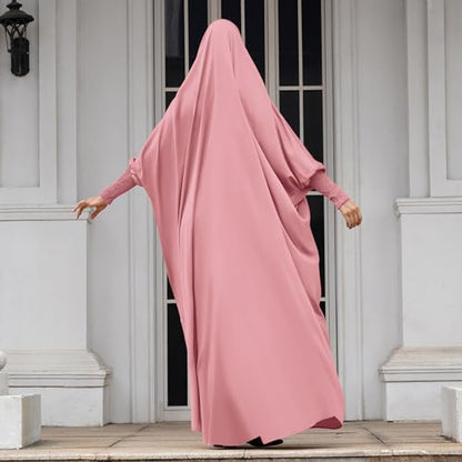 IDOPIP Muslim Abaya for Women One Piece Long Sleeve Islamic Prayer Dress with Hooded Hijab Maxi Kaftan Robe Modest Clothes - color: Pink
