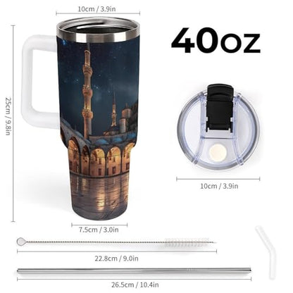 Blue Mosque Islamic Muslim Insulated Tumbler Stainless Steel Travel Coffee Mug with Lid And Straw 40oz - color: white-style