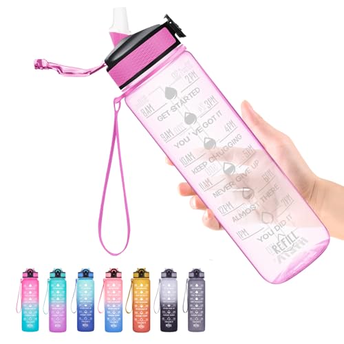 Hyeta Water Bottle with Straw & Time Marker, Plastic 32oz Leakproof | Motivational Tritan BPA Free Gym Office Outdoor Intake Tracker Hourly Reminder Straw Lid Carry Strap - color: Clear Pink
