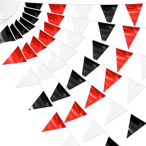 4P Black Red White Party Decorations - Metallic Fabric Triangle Pennant Banner Flags - Indoor/Outdoor Bunting Garland for Birthday, Wedding, Graduation & Theme Parties - color: Black Red White
