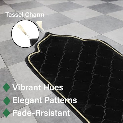 Muslim Prayer Mat, Soft Velvet Janamaz Sajada Carpet for Kids Men Women, Portable Prayer Rug with Tassel - Thick Islamic Prayer Mat Ramadan Eid Gift, Black - color: Black