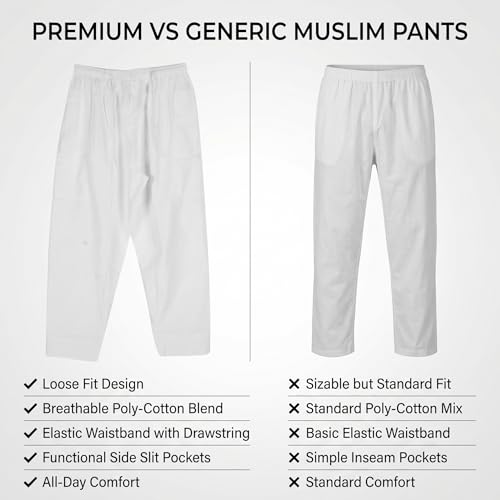 HEEPDD Men Muslim Loose Elastic Band Afghan Trousers, Polyester Cotton Pants with Stripe Decor, White, XXL - size: 48 Long