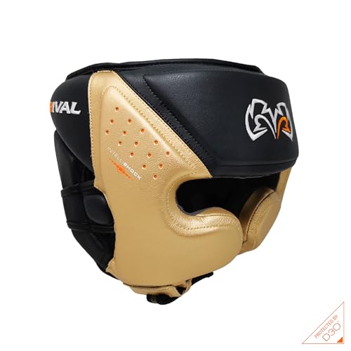 RIVAL Boxing RHG10 Intelli-Shock Headgear, D3O Front and Side Padding, Hook and Loop Back Adjustment with Lace on Top, and Anatomical Rear Head Pad Every Time - color: Black/Gold, size: Small