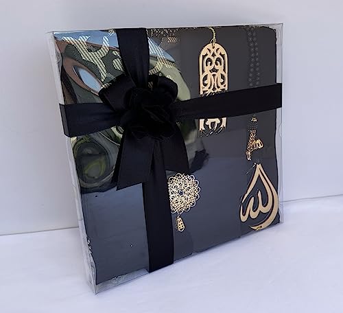 SAIKA Muslim Prayer Rug, 7 in One Gift Set, Prayer Mat Surah Book, Tasbeeh, Scarf, Surah Case, Bookmark, Car Mirror Hanger, Prayer Beads,Islamic Gift for Umrah, Hajj, Wedding, Janamaz (Black) - color: Black
