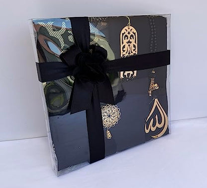 SAIKA Muslim Prayer Rug, 7 in One Gift Set, Prayer Mat Surah Book, Tasbeeh, Scarf, Surah Case, Bookmark, Car Mirror Hanger, Prayer Beads,Islamic Gift for Umrah, Hajj, Wedding, Janamaz (Black) - color: Black