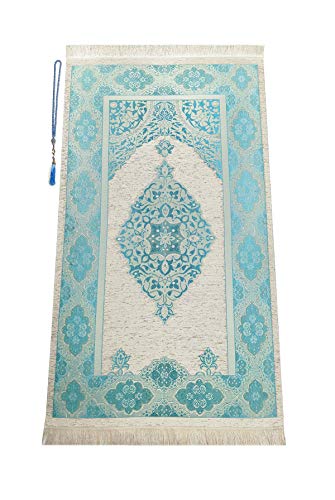 ihvan online Muslim Prayer Rug with 99 Beads Tasbih, Soft Chenille Sajadah, Lightweight & Foldable Janamaz, Portable Travel Prayer Mat, Islamic Gift for Eid, Ramadan, Hajj & Umrah, Turquoise - color: Turquoise