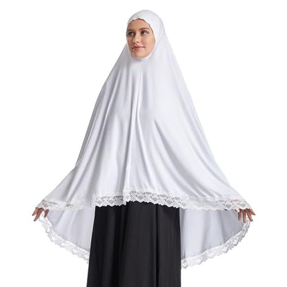 Muslim Women's Instant Big Hijab Jersey Turbans Khimar Abaya Soft Prayer Scarf, 1pc Lace - color: White, size: X-Large