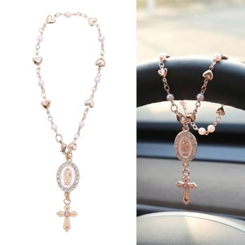 Cross Steering Wheel Charm, Catholic Car Rosary, Christian Car Accessories Rearview Mirror Hanging, Virgin Mary Crucifix Pendant Car Decor for Women Men (White Rhinestone) - color: White Rhinestone
