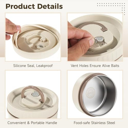 2 Pcs Fishing Bait Containers, Insulated Stainless Steel Worm Storage Box Set with Carrying Bag & Tweezers, Small (14.8 oz) & Large (22.3 oz) for Outdoor Fishing