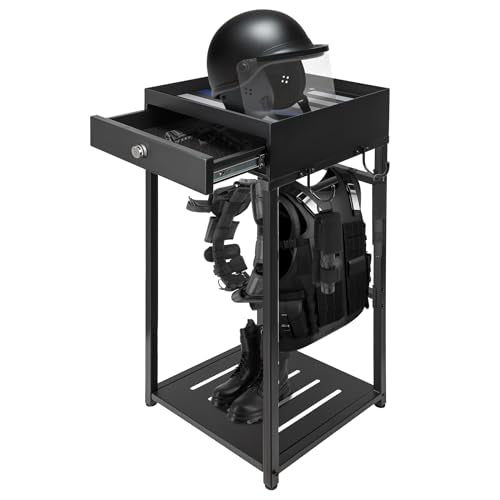 Neoaider Police Gear Rack, Police Hanger with Hooks | Tactical Duty Gear Rack Decor with Thin Blue Line Flag, Black Body Armor Stand for Police Gift - size: Police Gear Stand w/Combination Lock