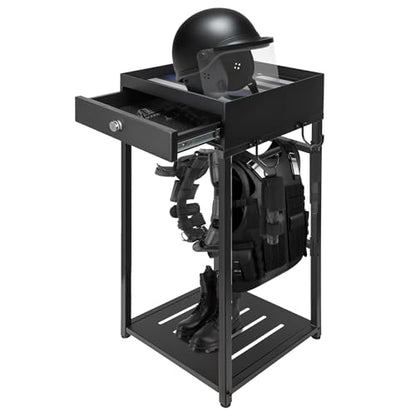 Neoaider Police Gear Rack, Police Hanger with Hooks | Tactical Duty Gear Rack Decor with Thin Blue Line Flag, Black Body Armor Stand for Police Gift - size: Police Gear Stand w/Combination Lock