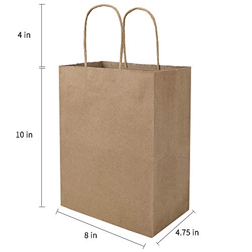 bagmad 100 Pack 8x4.75x10 Inch Plain Medium Paper Bags with Handles Bulk, Brown Kraft Craft Gift Bags, Grocery Shopping Retail Birthday Party Favors Wedding Sacks (Natural Brown, 100pcs) - color: Brown