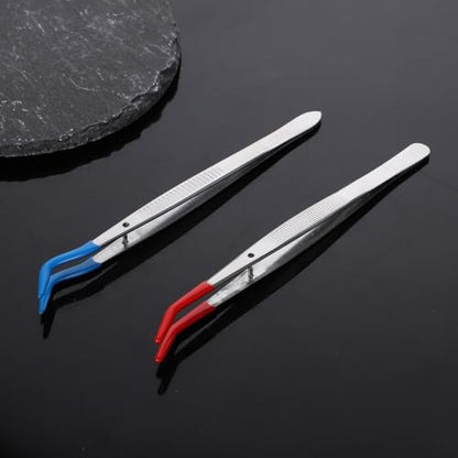 Rubber Tipped Curved Tweezers, 2 Pcs PVC Coated Craft Tweezers Stainless Steel Precision Tweezer Set for Crafts Stamps Coin Beads Jewelry Industrial Electronic Lab (Red, Blue)