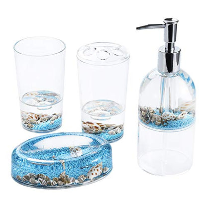 4 Piece Acrylic Liquid 3D Floating Motion Bathroom Vanity Accessory Set Oceam Theme Sea Shell Conch Toothbrush Holder, Tumbler, Soap Dispenser, Soap Dish - size: 4-piece, style: Conch