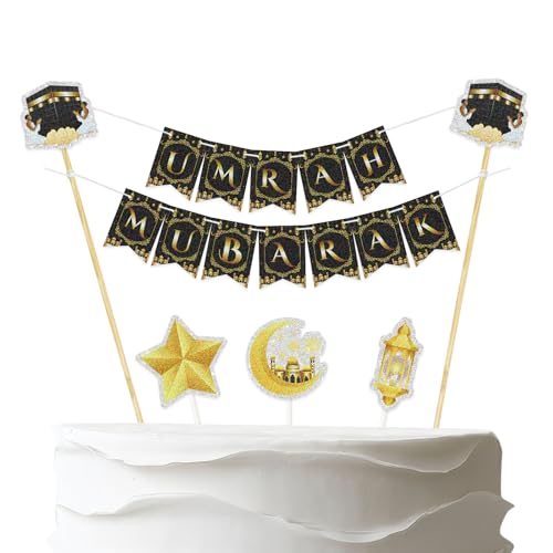 6pcs Umrah Mubarak Cake Topper Banner,Pre-Strung Moon Star Ramadan Kareem Cupcake Picks, Eid Islamic Muslim Theme Party Cake Decorations - color: Umrah Mubarak