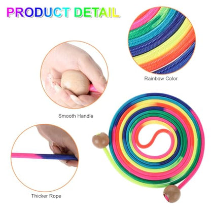 Long Jump Rope for Kids 16 FT Adjustable Skipping Rope Multiplayer Rainbow Jumping Rope with Wooden Ball Handle for School and Outdoor Activities