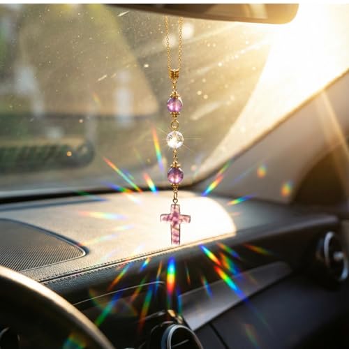 Cross Crystal Hanging Car Charm - Healing Stones Rear View Mirror Decor, Boho Handmade Sun Catcher Ornament with Tiger Eye & Sunflower Amethyst- Meaningful Gift for Women, Friends, Car Lovers - color: Amethyst