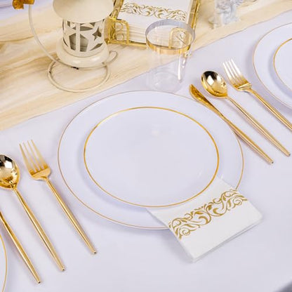 MirthMood 350Pcs White and Gold Dinnerware Set,Plastic plates Includes:50 Dinner Plates, 50 Dessert Plates, 150 Gold Plastic Cutlery,50 Paper Towels & 50 Cups for Party&Wedding - color: White, size: 350