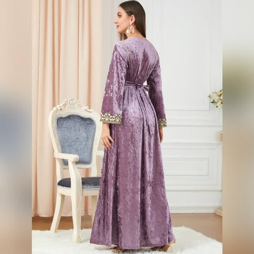 IDOPIP Muslim Women Velvet Dress Embroidery Abayas Long Sleeve V-Neck Moroccan Maxi Kaftan Dubai Robe Arabic Islamic Clothing - color: Light Purple, size: Large