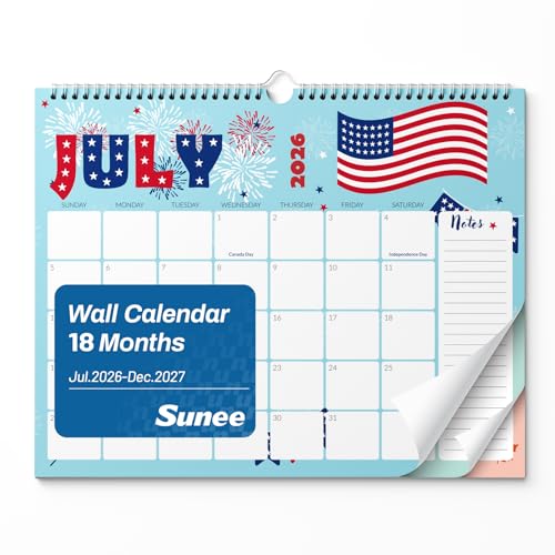 SUNEE Wall Calendar 2026-2027 - 18 Months Jul.2026 - Dec.2027, 14.5"x11.5" Big Grid Hanging Calendar 2026-2027 with Note for Organizing & Planning, 2026 Wall Calendar with Note, Cute - color: Cute