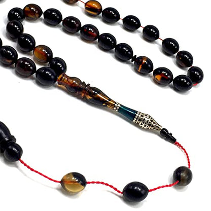 EXCLUSIVE COLLECTION -Handmade Silver Engraved Bakelite Tesbih, Tasbih, Islamic Rosary, Islamic Prayer Beads, Misbaha (9x11 mm 33 Olive Yellow Rice Beads) - color: 9x11 mm 33 Olive Yellow Rice Beads