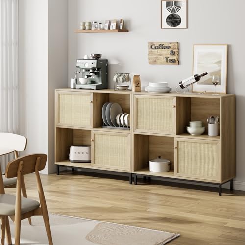 IDEALHOUSE Coffee Bar Cabinet, Rattan Buffet Cabinet with Storage, Wood Sideboard Cabinet with Sliding Door, Accent Cabinet for Kitchen, Dining Room, Living Room, Entryway, Natural Oak - color: Natural Oak…