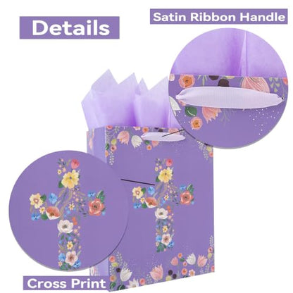 13" Large Floral Religious Gift Bag Set with Handles, Greeting Card, Purple Tissue Papers and Stickers for Women Girls, for First Communions, Baby Girl Baptisms, Christenings, Religious Occasion, Clergy Day, Cross Design, 1 Pcs - color: (13'' Large)Purple