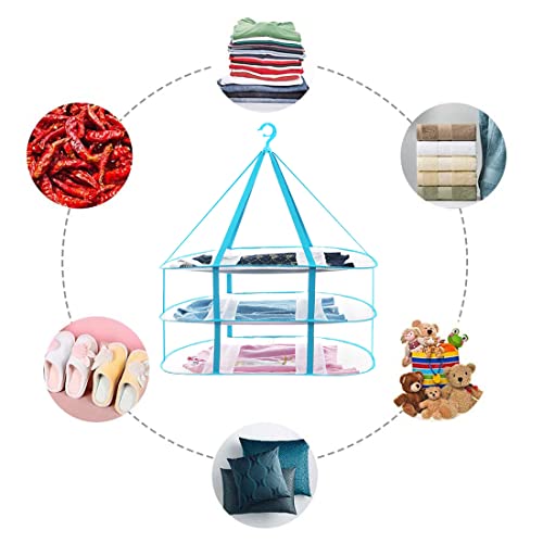 Fashion & Lifestyle Large Size Sweater Hanging Dryer, 3 Tier Folding Drying Rack, Lay Flat to Dry Mesh Clothes Hanger for Delicates and Swimsuit - color: Blue - 3 Tier