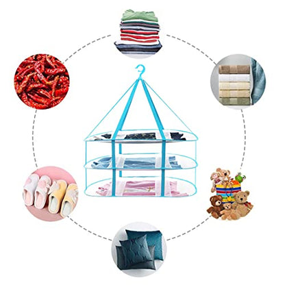 Fashion & Lifestyle Large Size Sweater Hanging Dryer, 3 Tier Folding Drying Rack, Lay Flat to Dry Mesh Clothes Hanger for Delicates and Swimsuit - color: Blue - 3 Tier