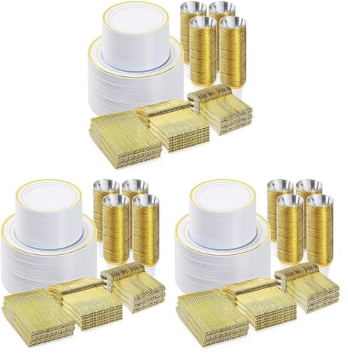 BESTVIP 600PCS Gold Dinnerware Set for 100 Guests, Plastic Plates for Party, 100 Gold Disposable Plates, 100 Dessert Plates, 100 Cups, 100 Spoons, 100 Forks and 100 Knives (Pack of 3) - color: Gold, size: 100 Guests (Pack of 3)
